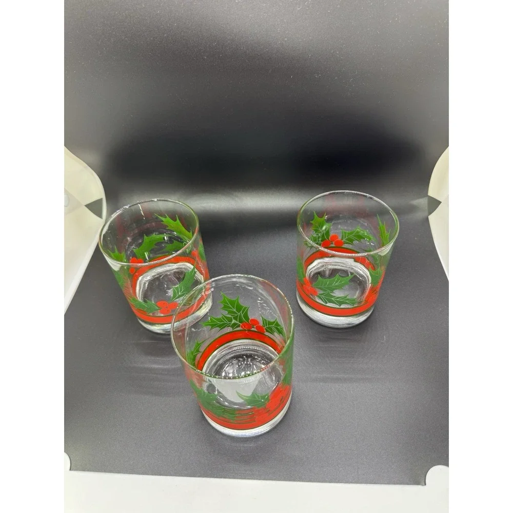 3 Libbey Holly & Berries Christmas Curved Flared Old Fashioned Glasses 10oz‎